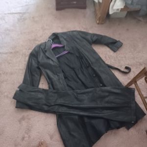 Black leather suit pants and mid length coat custom made size 8